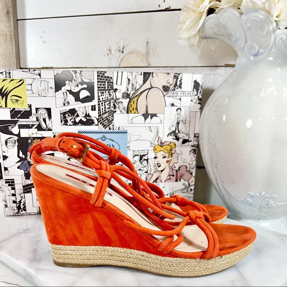 Prada Orange Suede Strappy Wedge Sandals